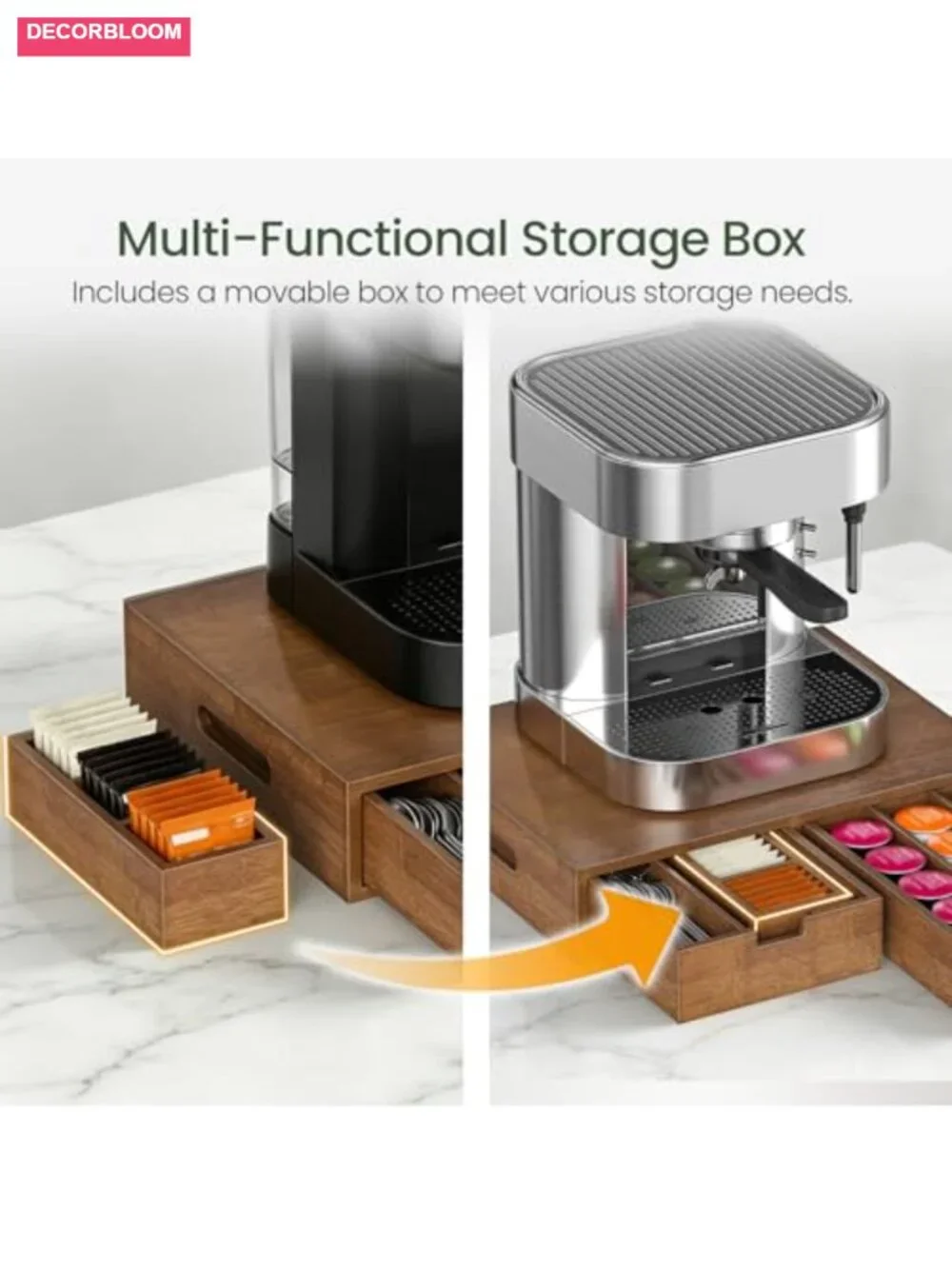 Coffee Pod Organizer with 2 Drawers, Removable Dividers, Holds 30 Pods, Bamboo